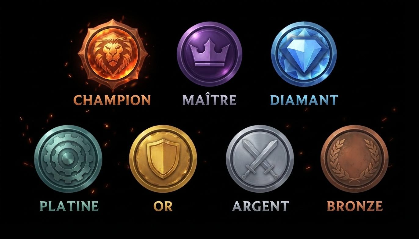 Échelle des rangs empilés : Bronze 0–599, Argent 600–1199, Or 1200–1799, Platine 1800–2399, Diamant 2400–2999, Maître 3000–3499, Champion 3500 et plus.
